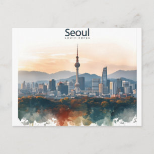 Postal Seúl Corea del Sur Acuarela Arte de Viaje