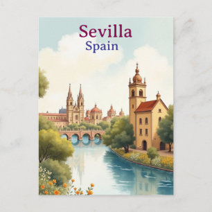 Postal Sevilla España acuarela de viaje vintage