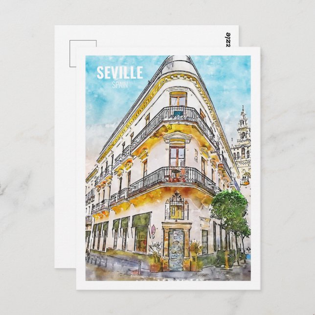 Postal Sevilla España Famoso Sketch de acuarela de viajes (Anverso / Reverso)