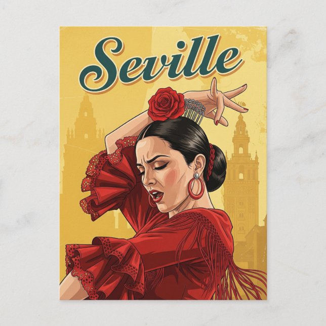 Postal Sevilla España Flamenco Bailarín en rojo (Anverso)