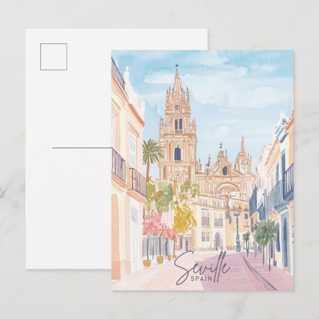 Postal Sevilla España Gouache Paint Ilustracion Viaje (Anverso / Reverso)