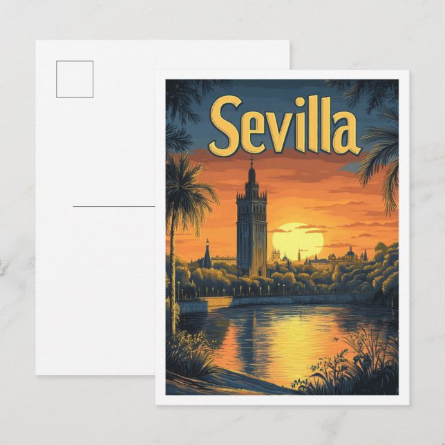Postal Sevilla España Ilustracion de Viajes de Arte Vinta (Anverso / Reverso)