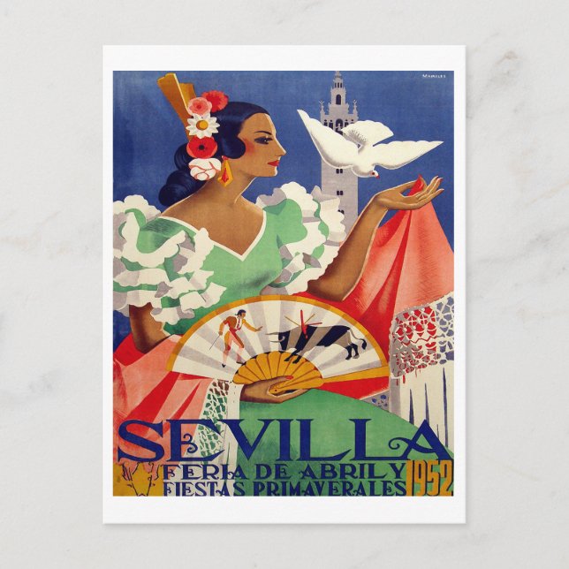 Postal Sevilla, España, mujer con paloma blanca, cosecha (Anverso)
