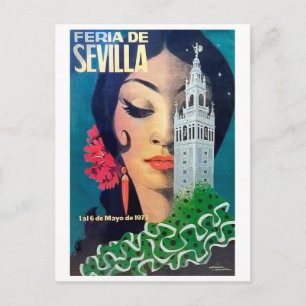 Postal Sevilla, torre de la ciudad y mujer de pelo negro,