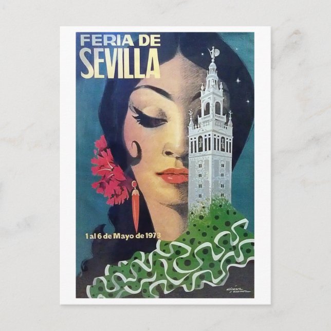 Postal Sevilla, torre de la ciudad y mujer de pelo negro, (Anverso)