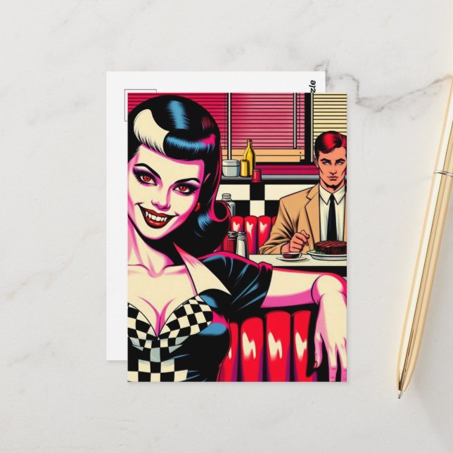 Postal Sexy Vampire en la cena retro (Anverso/Reverso In Situ)