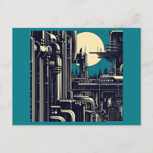 Postal SF Futurista City Woodcut 2