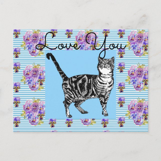 Postal Shabby Chic Blue Stripe Tabby Cat Love Heart (Anverso)