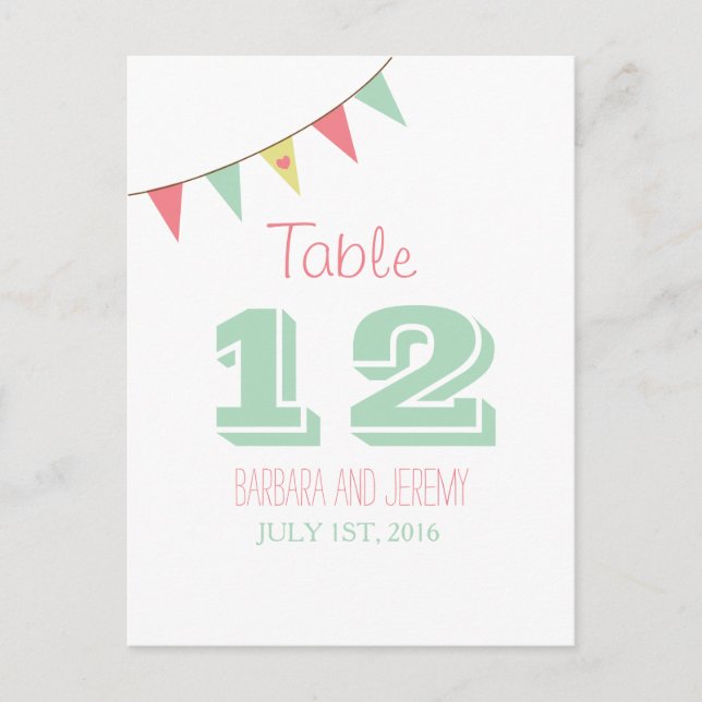 Postal Shabby Chic Bunting Table Number Pink and Mint (Anverso)