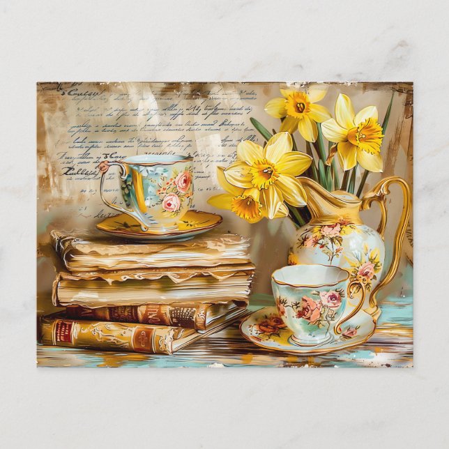 Postal Shabby chic Daffodils on a Stacked antique Books (Anverso)