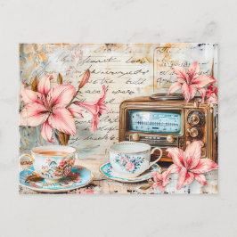 Postal Shabby chic Pink Lily with Antique Radio Receiver
