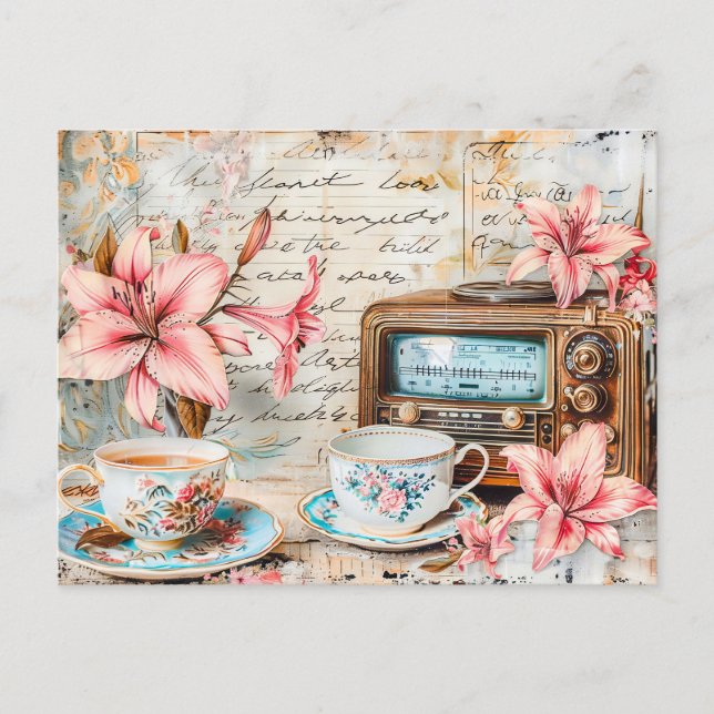 Postal Shabby chic Pink Lily with Antique Radio Receiver (Anverso)