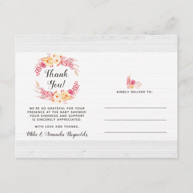 Postal Shabby Chic Rustic Floral Baby Shower Gracias (Anverso)