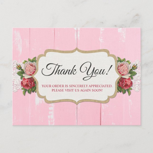 Postal Shabby Chic Rustic Wood Pink Floral Rosa Gracias (Anverso)