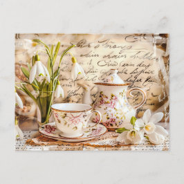 Postal shabby chic Snowdrops and Teacups in Vintage Style
