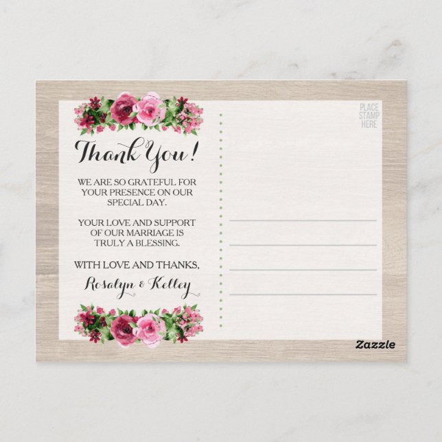 Postal Shabby Vintage Rosas Boda Rústico Gracias (Reverso)