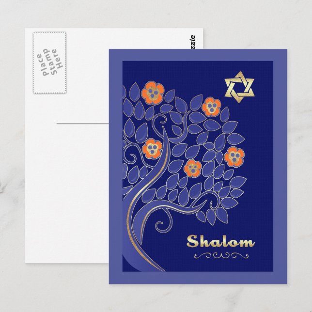 Postal Shalom en la Pascua. Árbol de flores de primavera (Anverso / Reverso)