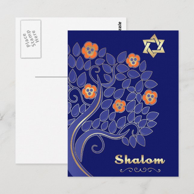 Postal Shalom en la Pascua. Árbol de flores de primavera (Anverso / Reverso)