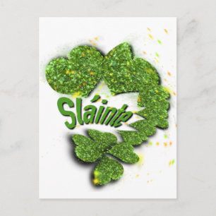 Postal Shamrock verde corazones brillantes Shainte