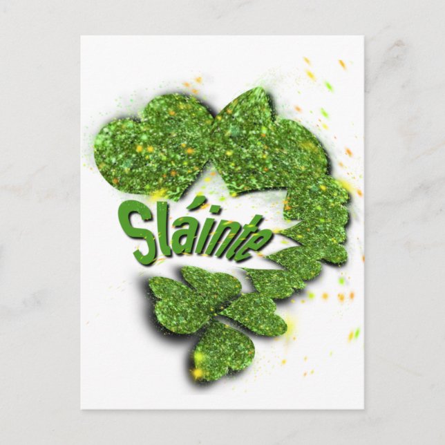 Postal Shamrock verde | corazones brillantes Shainte (Anverso)