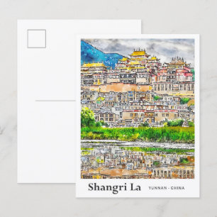 Postal Shangri La Yunnan China acuarela arte viaje