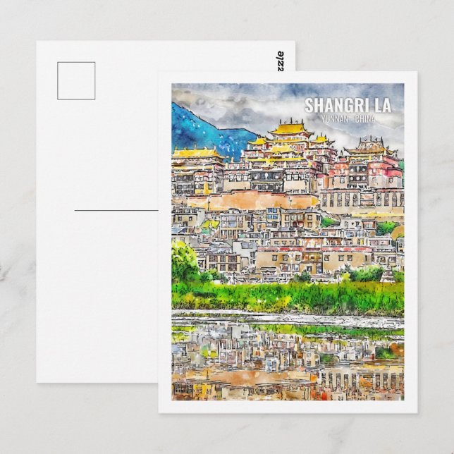Postal Shangri La Yunnan China Famosa acuarela de viajes (Anverso / Reverso)