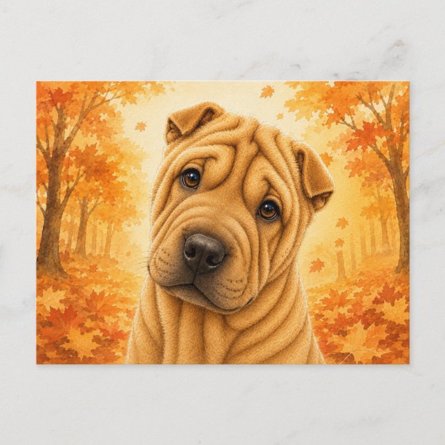 Postal Shar Pei Bosque de Otoño Perro (Anverso)