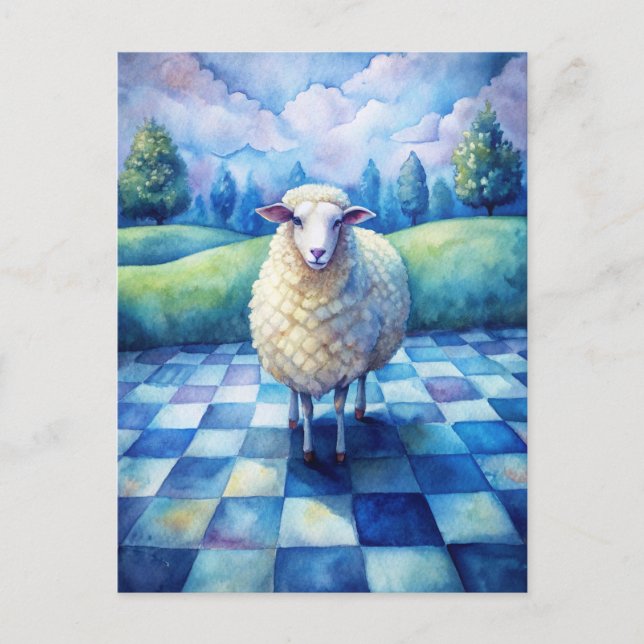 Postal Sheep Blue Checkered Checking on Friend (Anverso)