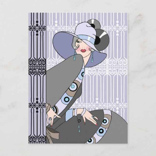 Postal Shelby, dama de los años 30 en malva y gris (Anverso)