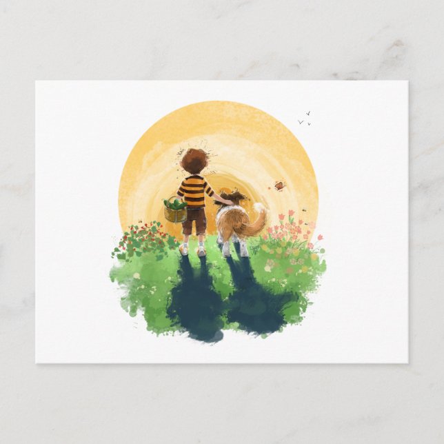 Postal Sheltie Perro y niño caminan al atardecer (Anverso)