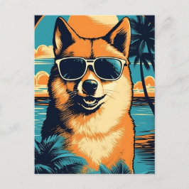 Postal Shiba Inu con gafas de sol en la playa