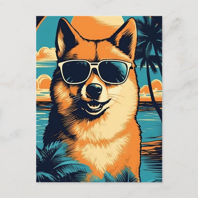 Postal Shiba Inu con gafas de sol en la playa (Anverso)