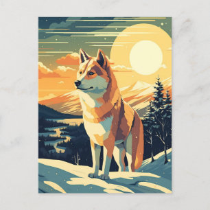 Postal Shiba Inu en las nevadas montañas durante la puest