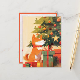 Postal Shiba Inu feliz junto al árbol de Navidad y regalo