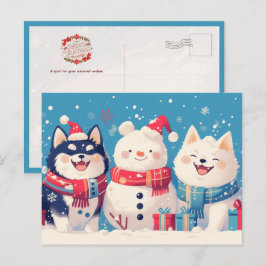 Postal Shiba Inu negro y perro Samoyed con muñeco de niev