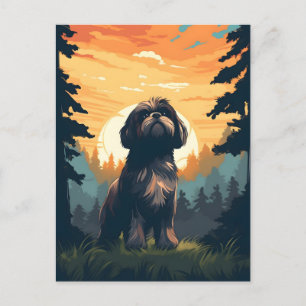 Postal Shih Tzu en el bosque durante la puesta de sol