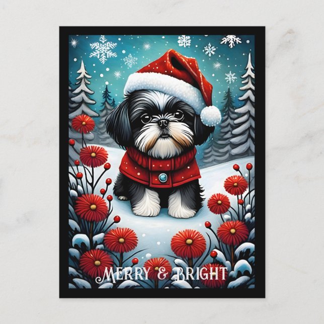 Postal Shih Tzu Snowy Flower Meadow Santa Dog Navidades (Anverso)