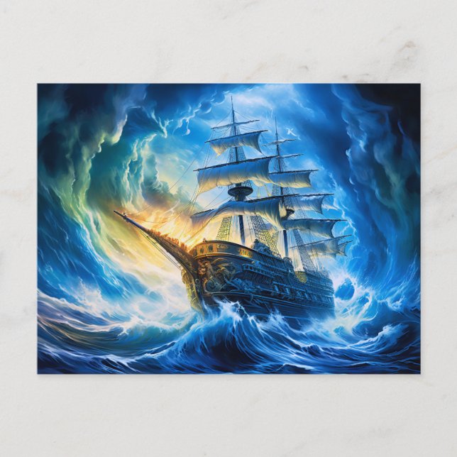 Postal Ship in Glowing Blue Ocean Fantasy Painting (Anverso)