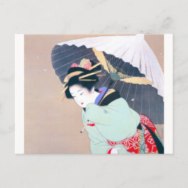 Postal Shoen Uemura 上村松園 冬 雪 傘 着物 女性 舞妓 芸者 日本画 美人画 浮世絵 緑