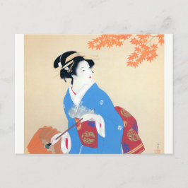 Postal Shoen Uemura 上村松園 秋 紅葉 着物 女性 芸者 日本画 美人画 浮世絵 オレンジ 青