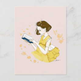 Postal Short Bob Girl Reading Illustration