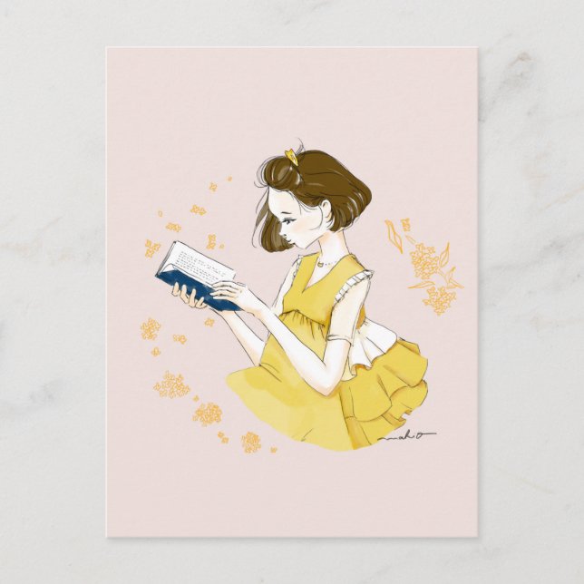 Postal Short Bob Girl Reading Illustration (Anverso)