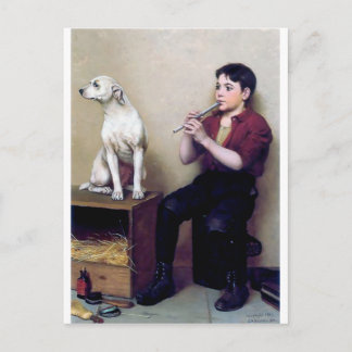 Postal Shoshine Boy jugando flauta y su perro