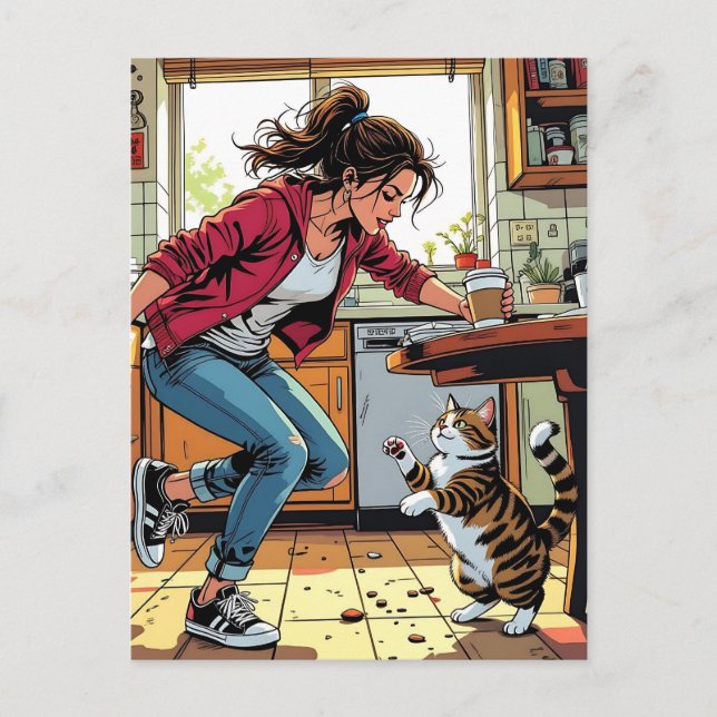 Postal Si Me Necesitas, Llámame. | Café y gato divertidos (Anverso)