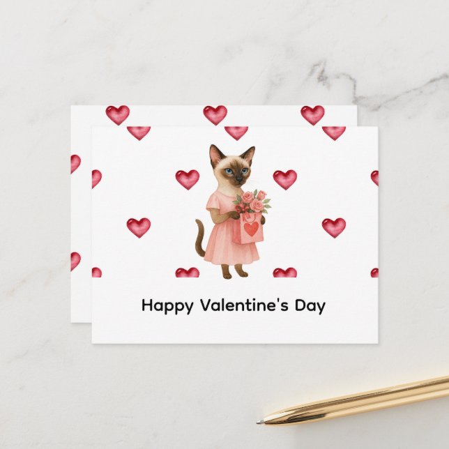 Postal Siamese Cat brings roses for Valentines' day (Anverso/Reverso In Situ)