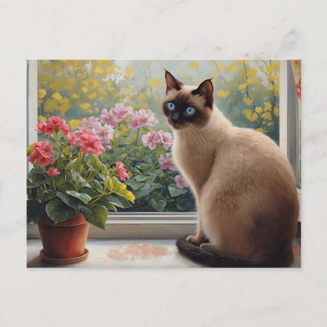 Postal Siamese Cat in the Window with Garden View (Anverso)