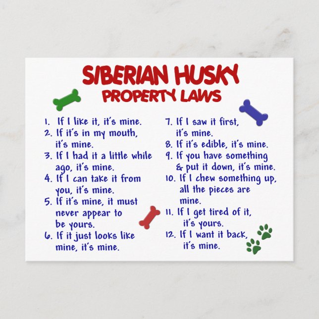 Postal SIBERIAN HUSKY Property Laws 2 (Anverso)
