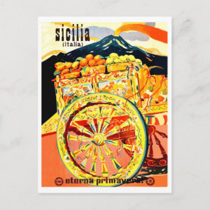 Postal Sicilia, Italia, carruaje lleno de frutas, cosecha