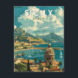 Postal Sicilia Italia Viaje de Arte Vintage<br><div class="desc">Diseño sicialmente retro de viaje vectorial. Sicilia,  la isla mediterránea más grande,  está justo al lado del "arranque" de Italia. Su rica historia se refleja en lugares como el Valle de los Templos.</div>