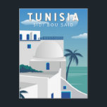Postal Sidi Bou Said Tunisia Vintage de arte de viajes re<br><div class="desc">Diseño de viaje retro Sidi Bou Said. Conocido por sus calles empedradas y sus casas azules y blancas,  el Sidi Bou Said es una encantadora ciudad situada en un promontorio con vistas al Mediterráneo,  con cafés al aire libre,  restaurantes tunecinos y pequeñas galerías de arte.</div>